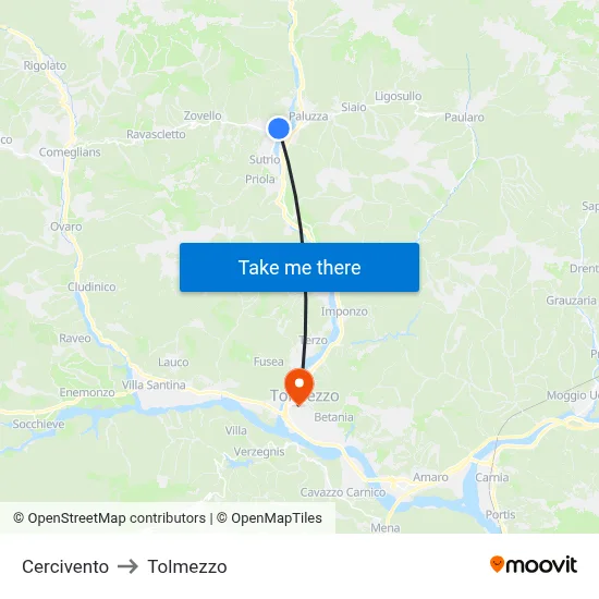 Cercivento to Tolmezzo map