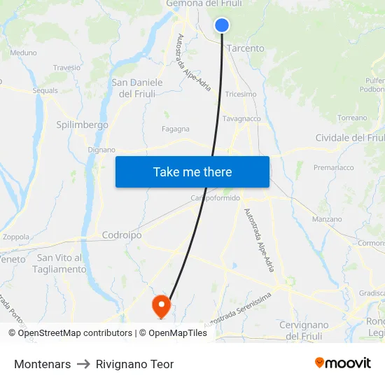 Montenars to Rivignano Teor map