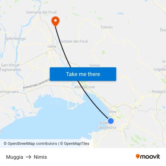 Muggia to Nimis map
