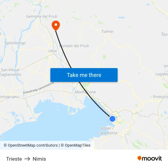 Trieste to Nimis map