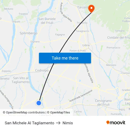 San Michele al Tagliamento to Nimis map