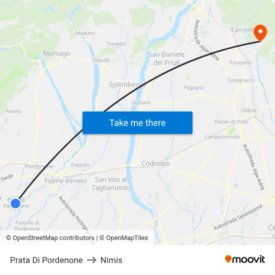 Prata di Pordenone to Nimis map