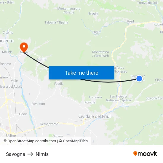 Savogna to Nimis map