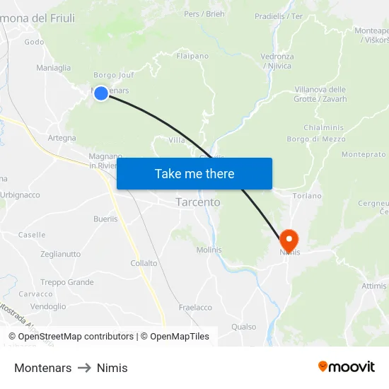 Montenars to Nimis map