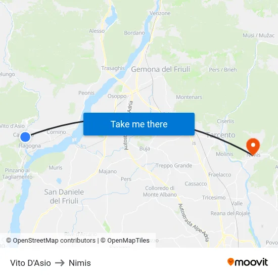 Vito d'Asio to Nimis map