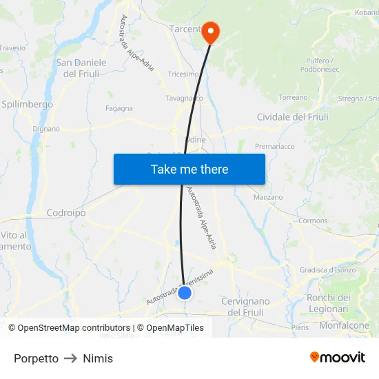 Porpetto to Nimis map