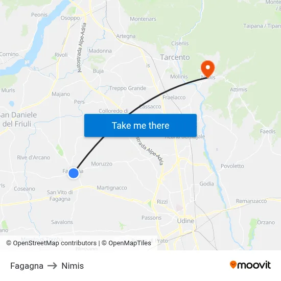 Fagagna to Nimis map