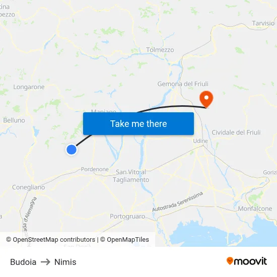 Budoia to Nimis map