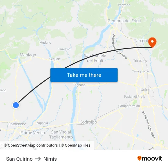 San Quirino to Nimis map
