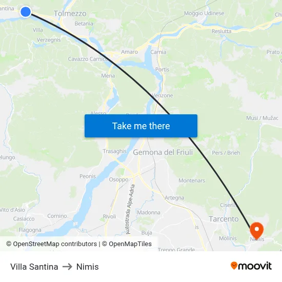 Villa Santina to Nimis map