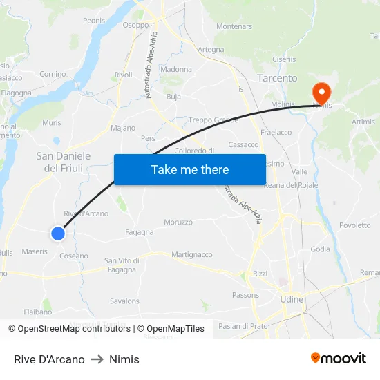 Rive d'Arcano to Nimis map