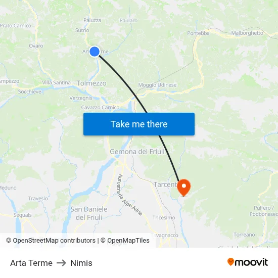 Arta Terme to Nimis map