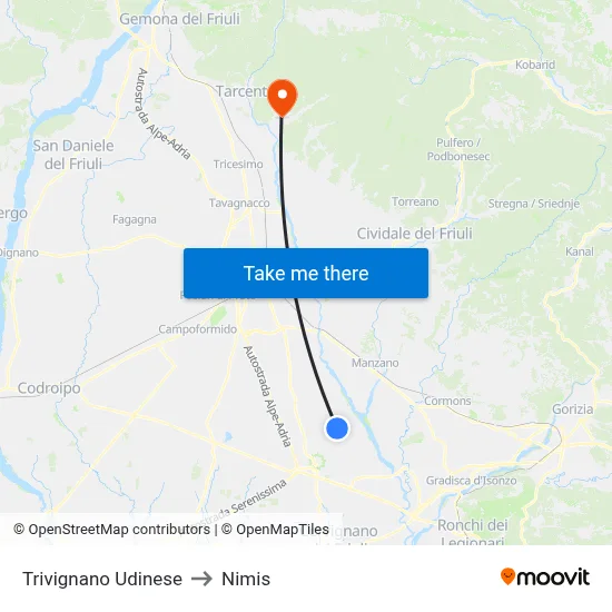 Trivignano Udinese to Nimis map