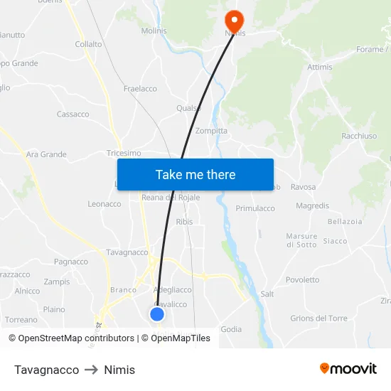 Tavagnacco to Nimis map