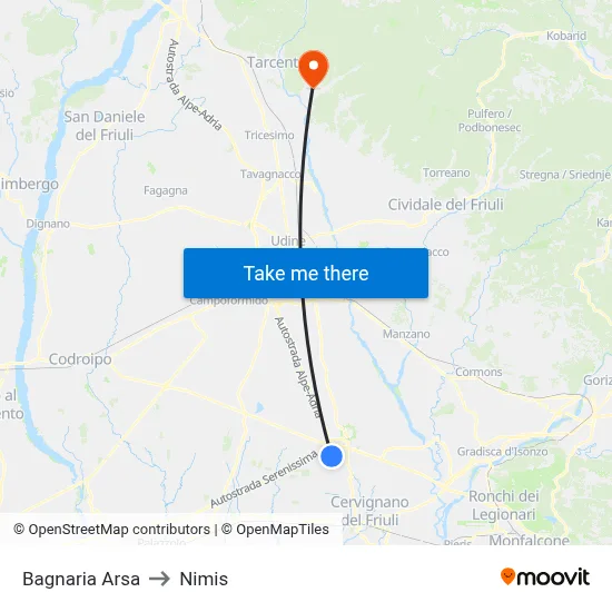 Bagnaria Arsa to Nimis map