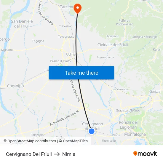 Cervignano del Friuli to Nimis map