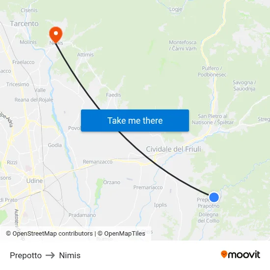 Prepotto to Nimis map