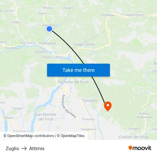 Zuglio to Attimis map