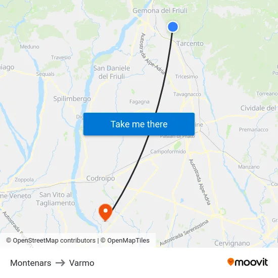 Montenars to Varmo map