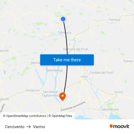 Cercivento to Varmo map