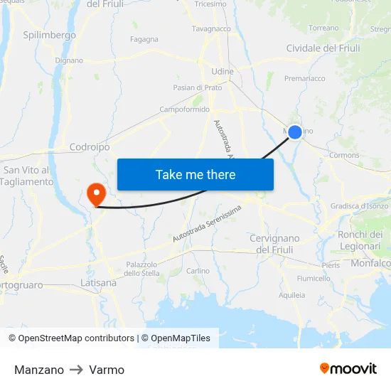 Manzano to Varmo map