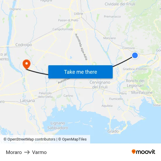 Moraro to Varmo map