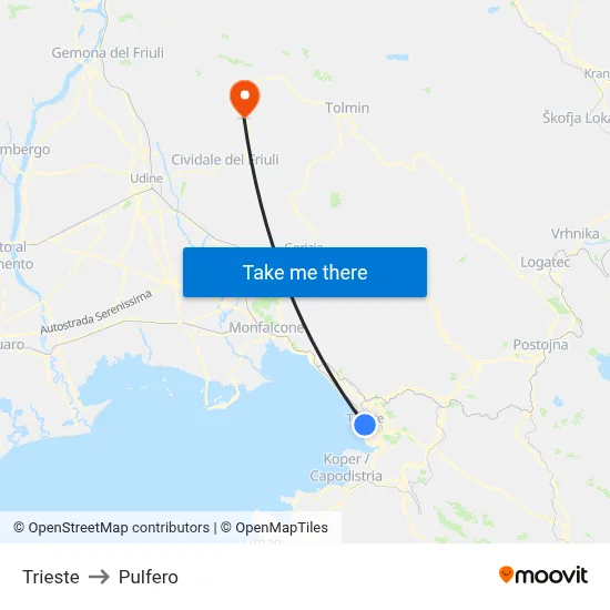 Trieste to Pulfero map