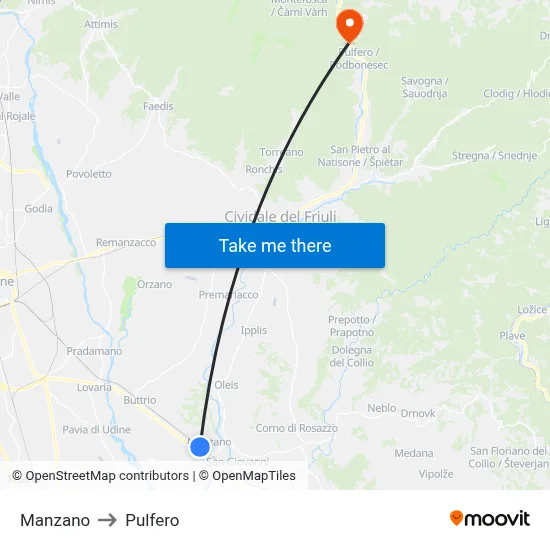 Manzano to Pulfero map