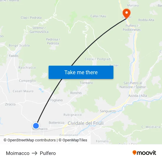 Moimacco to Pulfero map