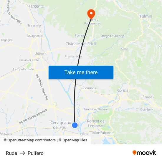 Ruda to Pulfero map