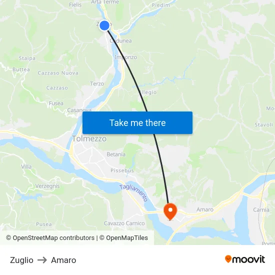 Zuglio to Amaro map