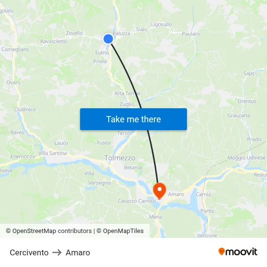 Cercivento to Amaro map