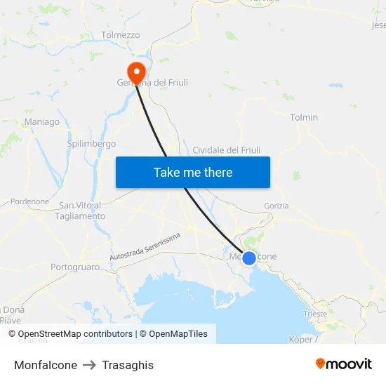 Monfalcone to Trasaghis map