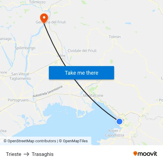 Trieste to Trasaghis map