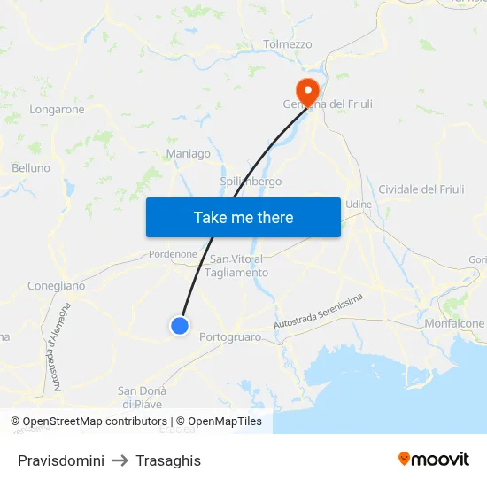 Pravisdomini to Trasaghis map