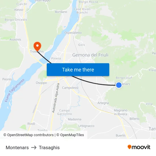 Montenars to Trasaghis map