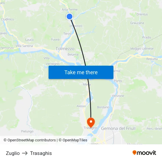 Zuglio to Trasaghis map