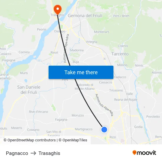 Pagnacco to Trasaghis map