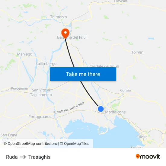 Ruda to Trasaghis map