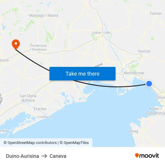 Duino-Aurisina to Caneva map