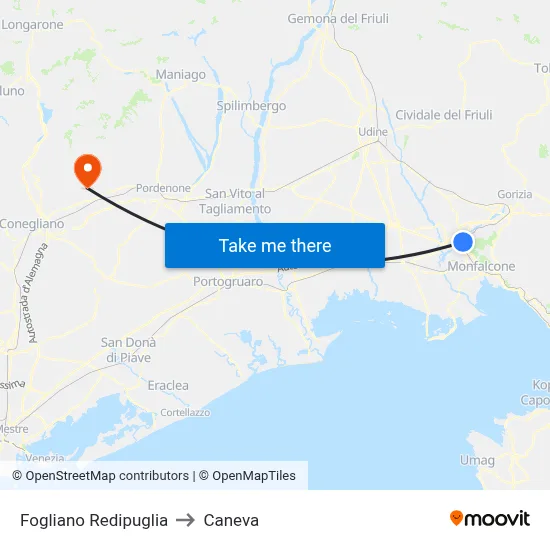 Fogliano Redipuglia to Caneva map