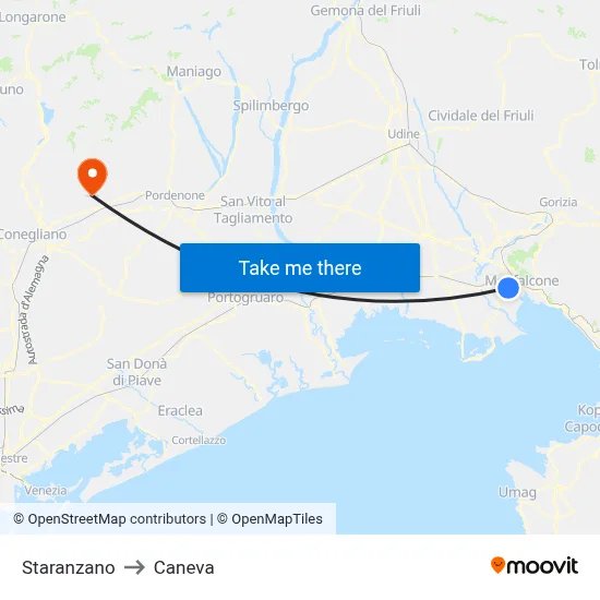 Staranzano to Caneva map
