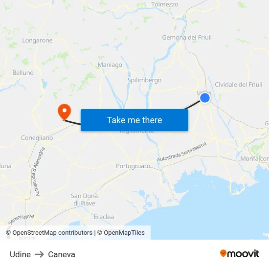 Udine to Caneva map