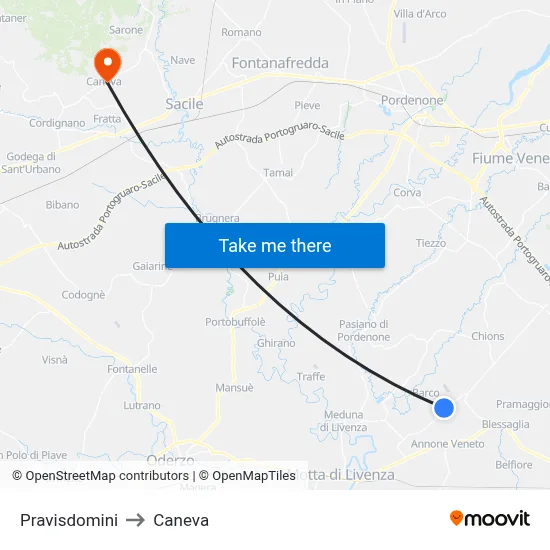 Pravisdomini to Caneva map