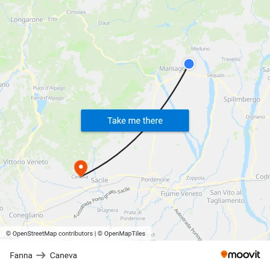 Fanna to Caneva map