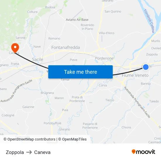 Zoppola to Caneva map