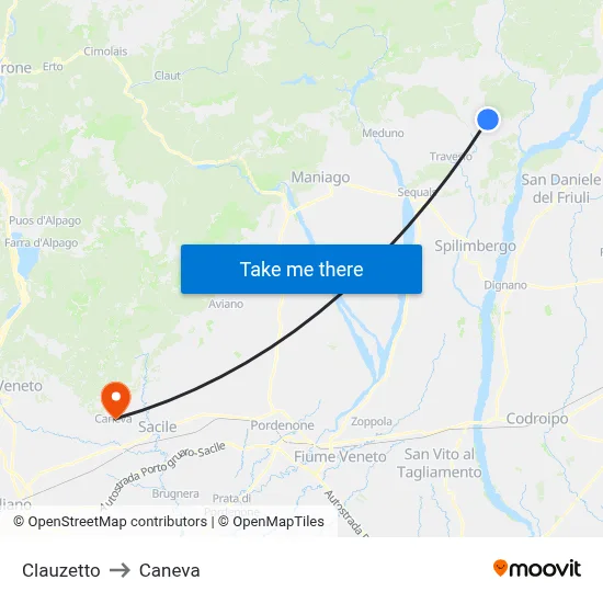 Clauzetto to Caneva map