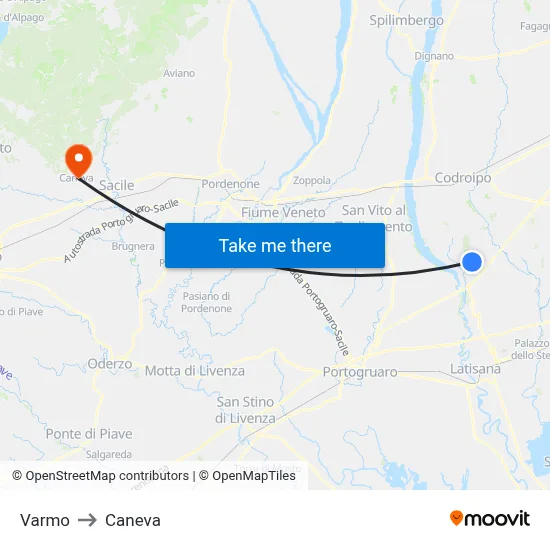 Varmo to Caneva map