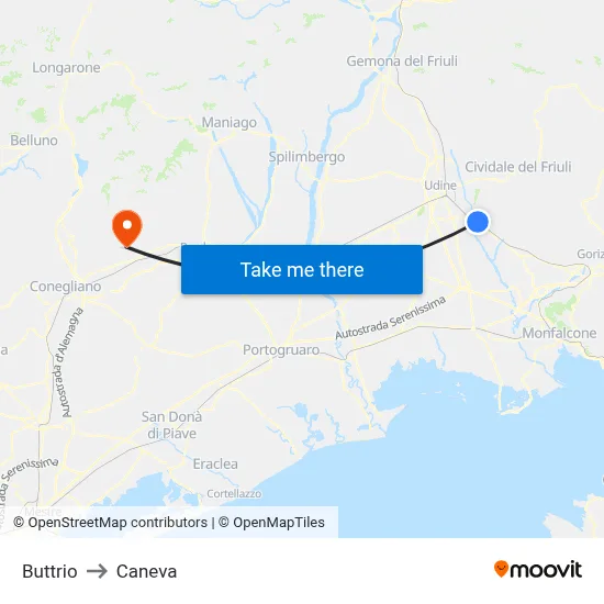 Buttrio to Caneva map