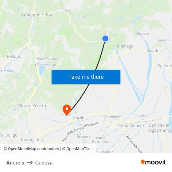 Andreis to Caneva map